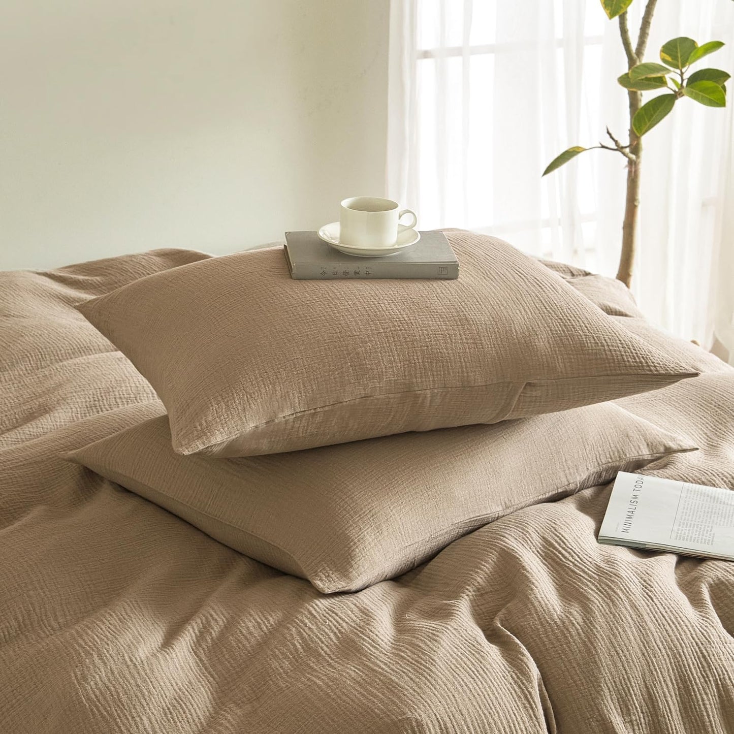 SE SOFTEXLY Muslin Pillowcases King Size 100% Cotton, 2 Pack Linen Like Pillow Shams with Envelope Closure, Ultral Soft and Breathable Pillow Case Covers, Light Brown, 20" X 36", No Filling