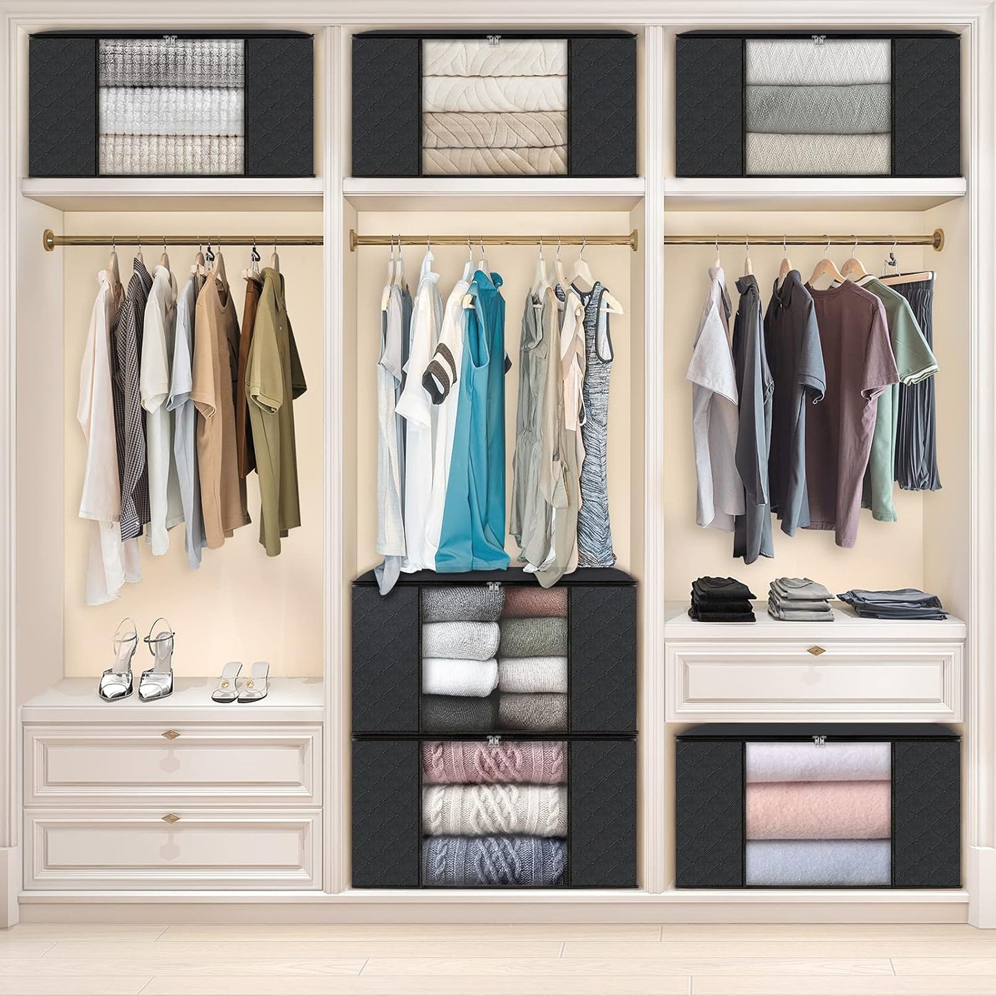 Fab totes 6 Pack Clothes Storage, Foldable Thick Fabric Blanket Storage Bags, Containers for Organizing Bedroom, Closet, Clothing, Comforter,Closet Organization with Handle,Black