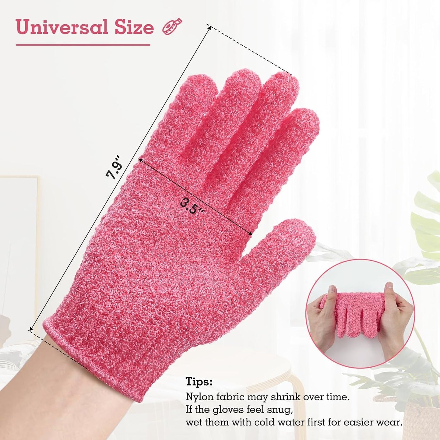 Evridwear Exfoliating Gloves for Shower, 100% Nylon Thick Soft Medium Heavy Bathing Gloves Dead Skin Remover Body Scrubber Smooth Skin with Hang Loop, 2 Pairs Heavy Hot Pink