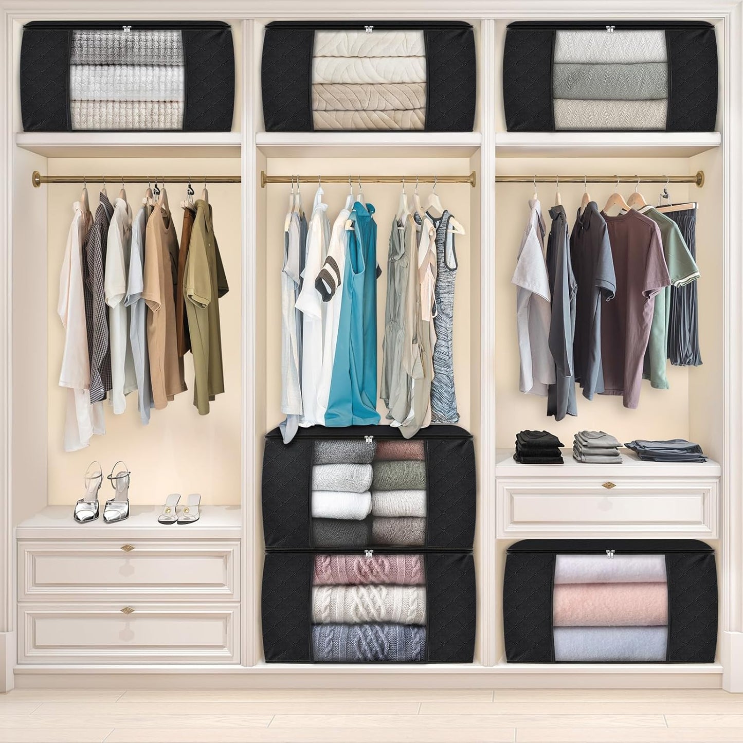 Fab totes 24 Gallons Clothes Storage, Foldable Thick Fabric Blanket Storage Bags, Containers for Organizing Bedroom, Closet, Clothing, Comforter, Organization with Handle (6 Pack,Black)