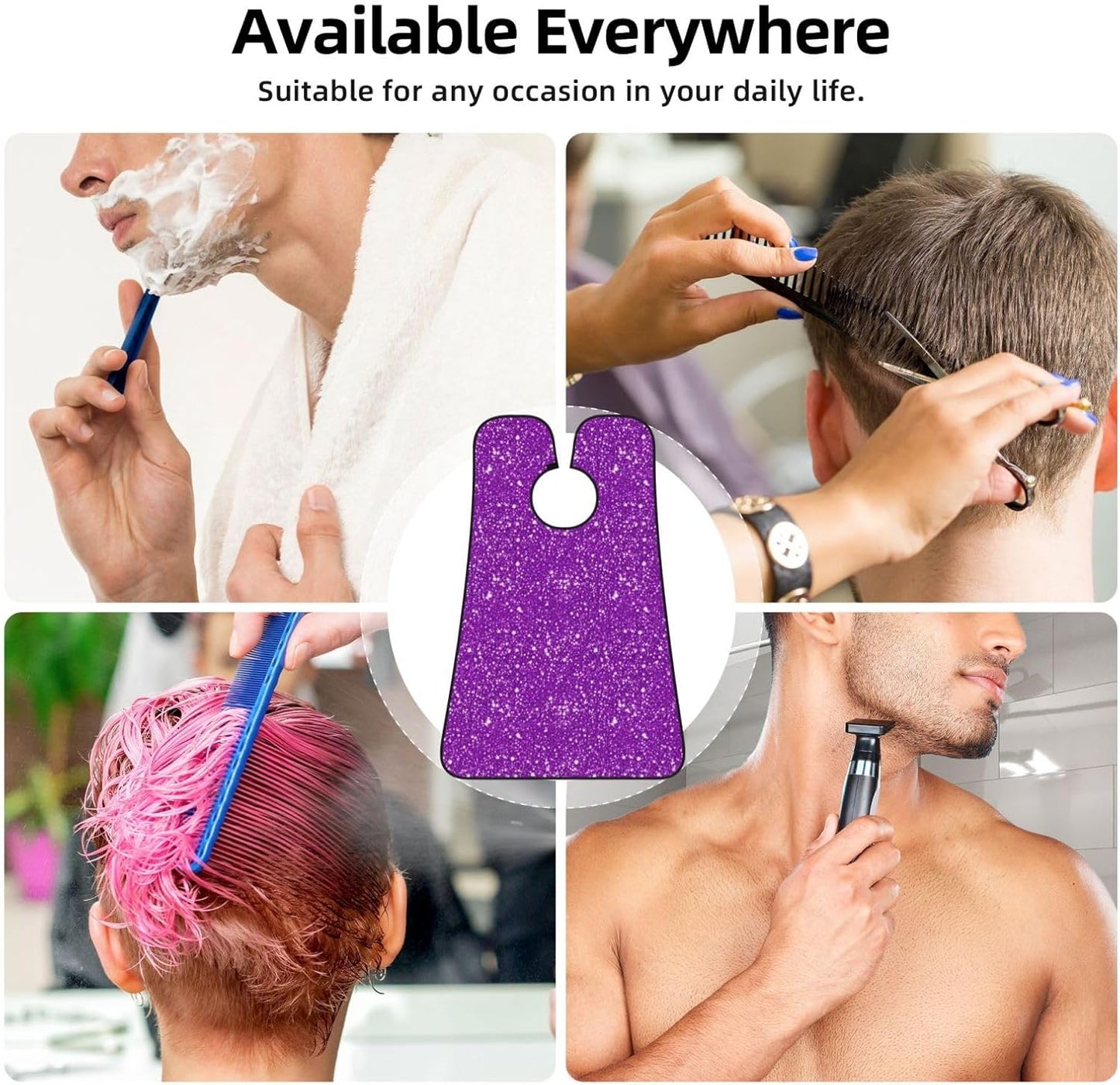 Beard Bib with 3 Suction Cups, Non-Stick Waterproof Hair Catcher Apron, Men's Shaving Essential for Grooming, Purple Glitter Sparkle Pattern Shave Bib