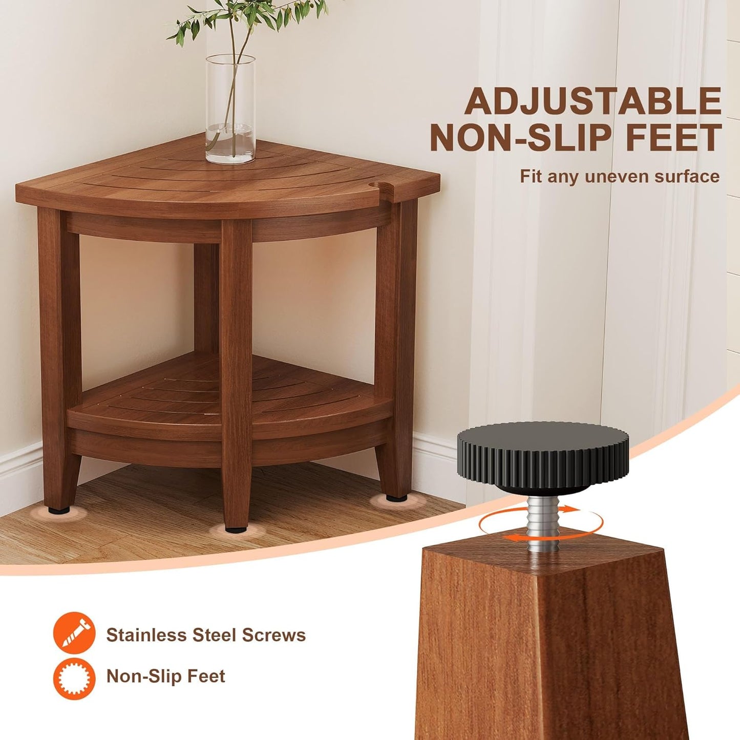 18" Teak Corner Shower Stool, Inside Shower Stool with Storage Shelf, Waterproof Teak Stool for Shaving Legs and to Sit On, 2-Tier Shower Stool,Adjustable Feet, Non-Slip, Brown