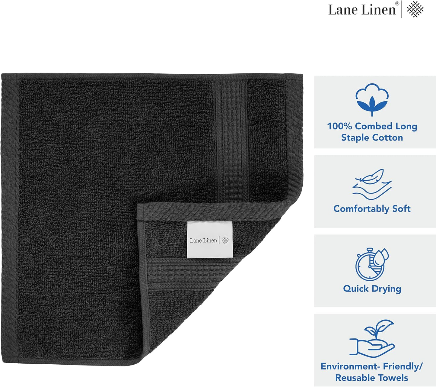 LANE LINEN 100% Cotton Washcloths 24 Pack - Spa & Salon Quality Face Towels - Ring Spun, Soft & Absorbent Wash Cloths for Body, Beauty, Home, Gym - Fingertip Towels Set- 13"x13", Black Washcloths