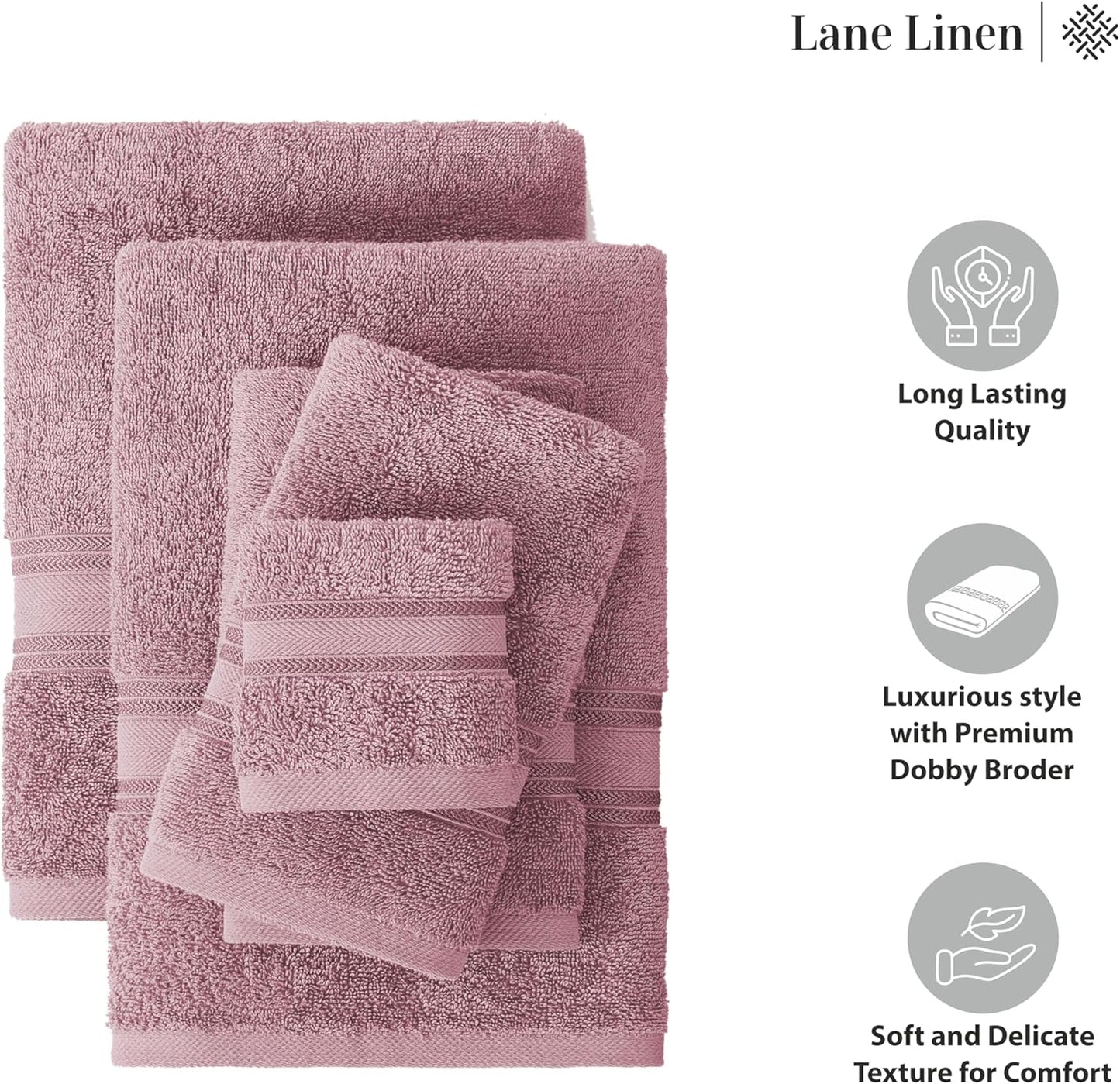 LANE LINEN Luxury Bath Towels Set - 12 Piece Set, 100% Cotton Bathroom Towels, Zero Twist, Quick Dry Shower Towel, Absorbent Bath Towel, 4 Bath Towels, 4 Hand Towels, 4 Wash Cloths - Wishful Mauve
