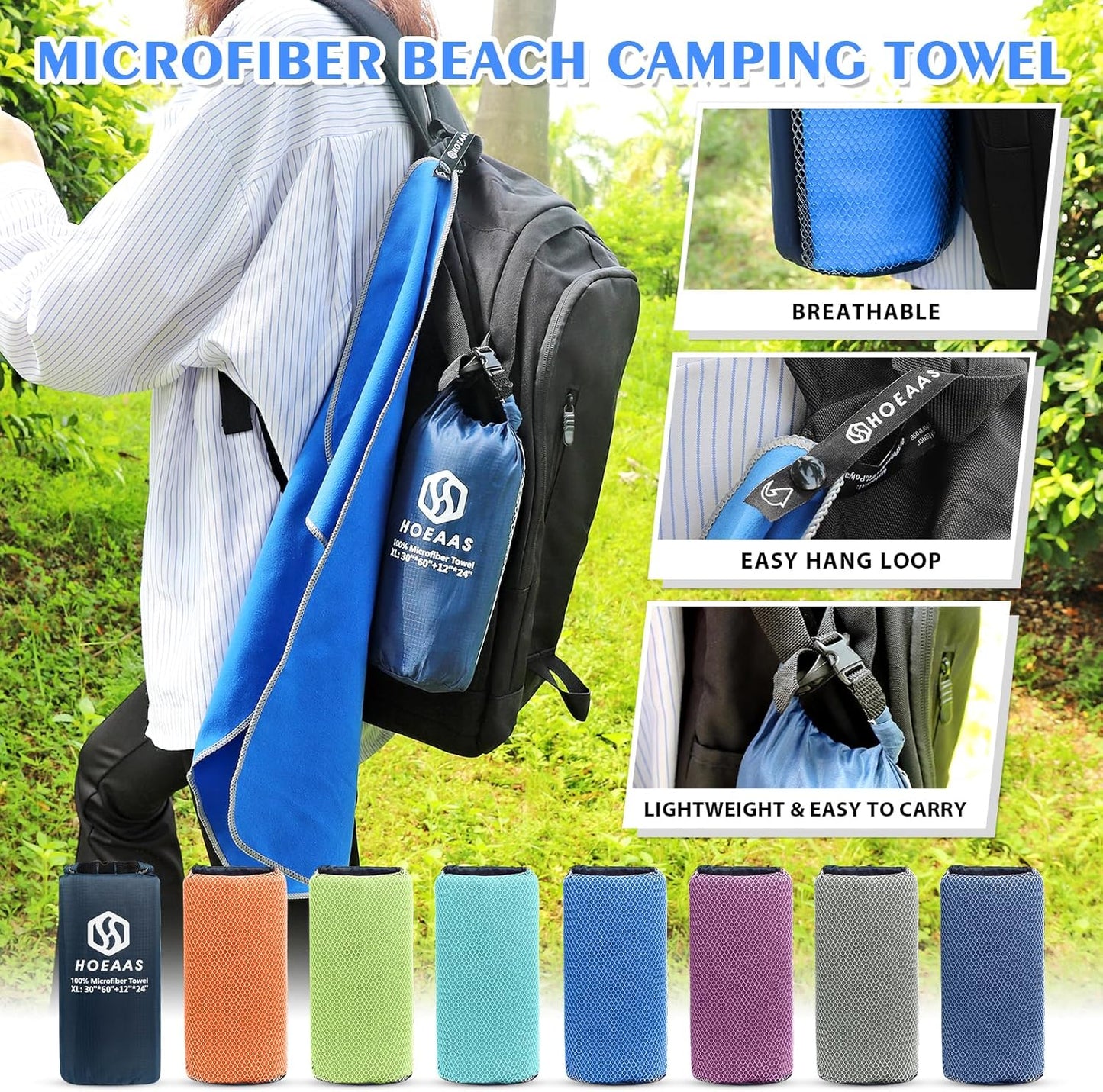 HOEAAS 2 Pack Microfiber Camping Towels, Quick Dry Towel, Super Absorbent Ultra Compact Travel Towel Soft Lightweight Sports Towel for Sweat Fast Drying Towels for Pool,Gym,Hiking,Backpacking,Fitness