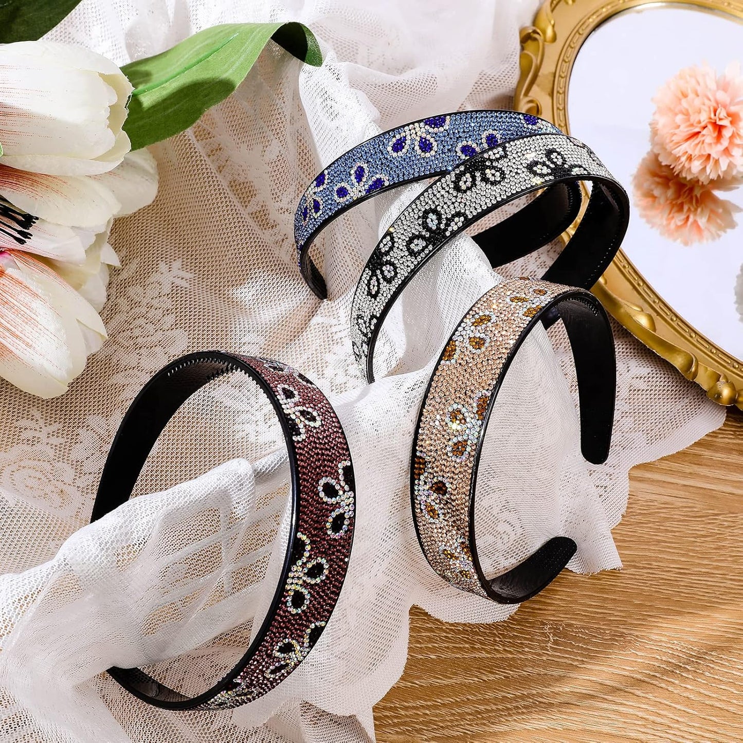 Rhinestone Headbands for Women Girls,4PCS Sparkly Flower Crystal Headband Non Slip,Plastic Rhinestone Hair Hoop Tooth Hair Bands,Comfortable Daily Prom Party Head Accessories