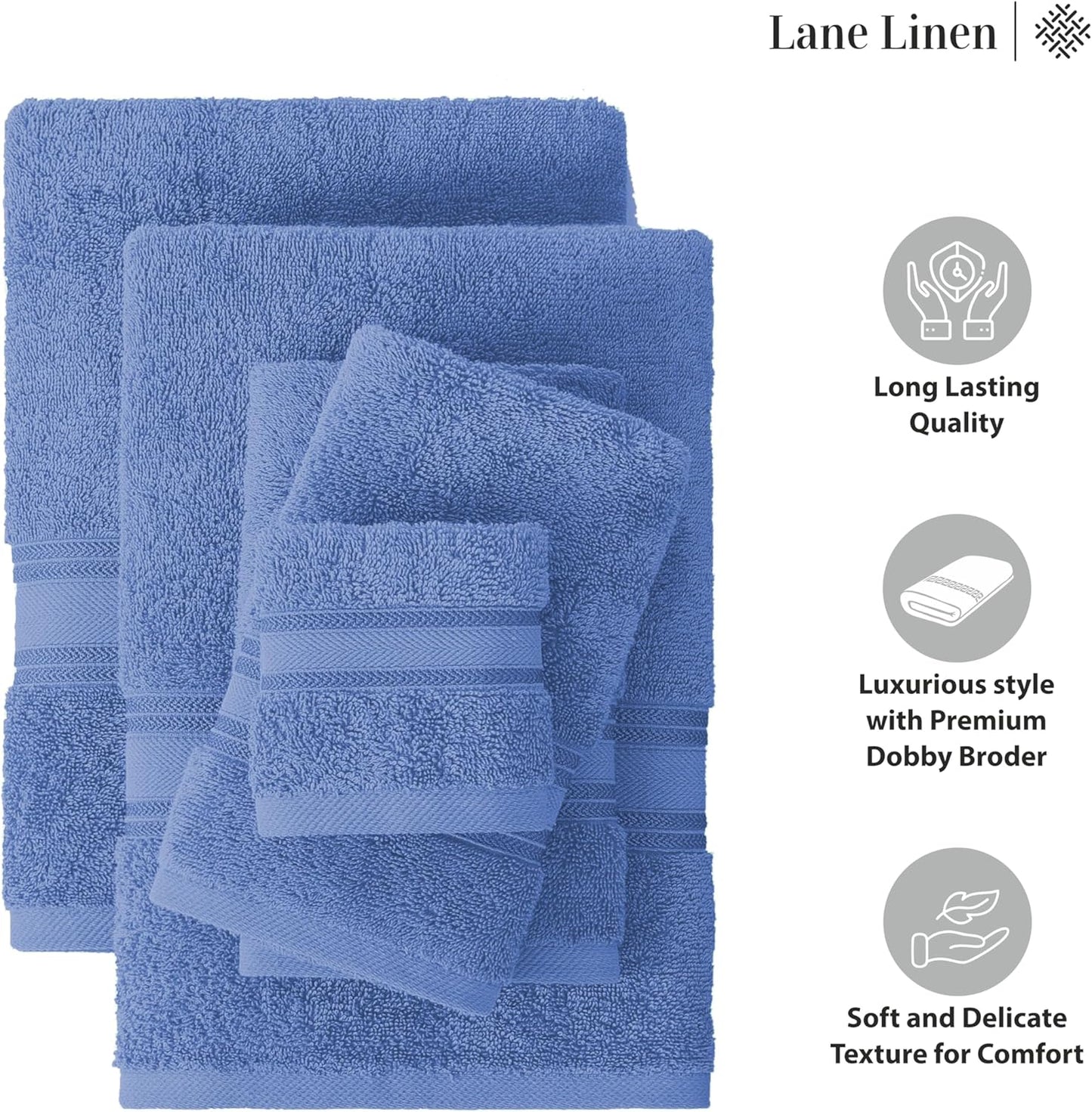 LANE LINEN Luxury Bath Towels Set - 12 Piece Set, 100% Cotton Bathroom Towels, Zero Twist, Quick Dry Shower Towel, Absorbent Bath Towel, 4 Bath Towels, 4 Hand Towels, 4 Wash Cloths - Cerulean Blue