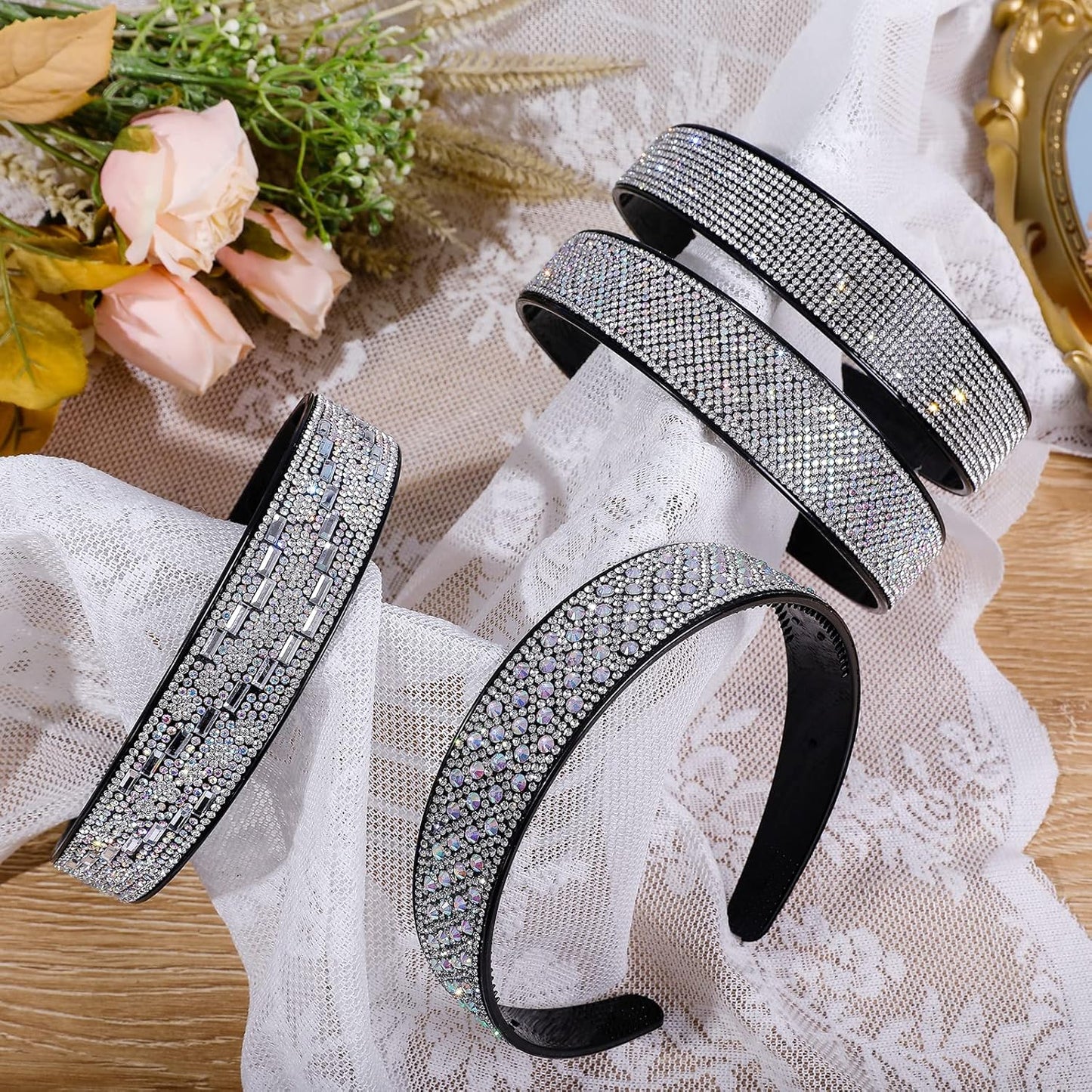 Plastic Rhinestone Headbands for Women,4PCS Sparkly Silver Crystal Headband Non Slip Tooth Hair Bands Rhinestone Hair Hoop,Comfortable Daily Prom Party Head Accessories