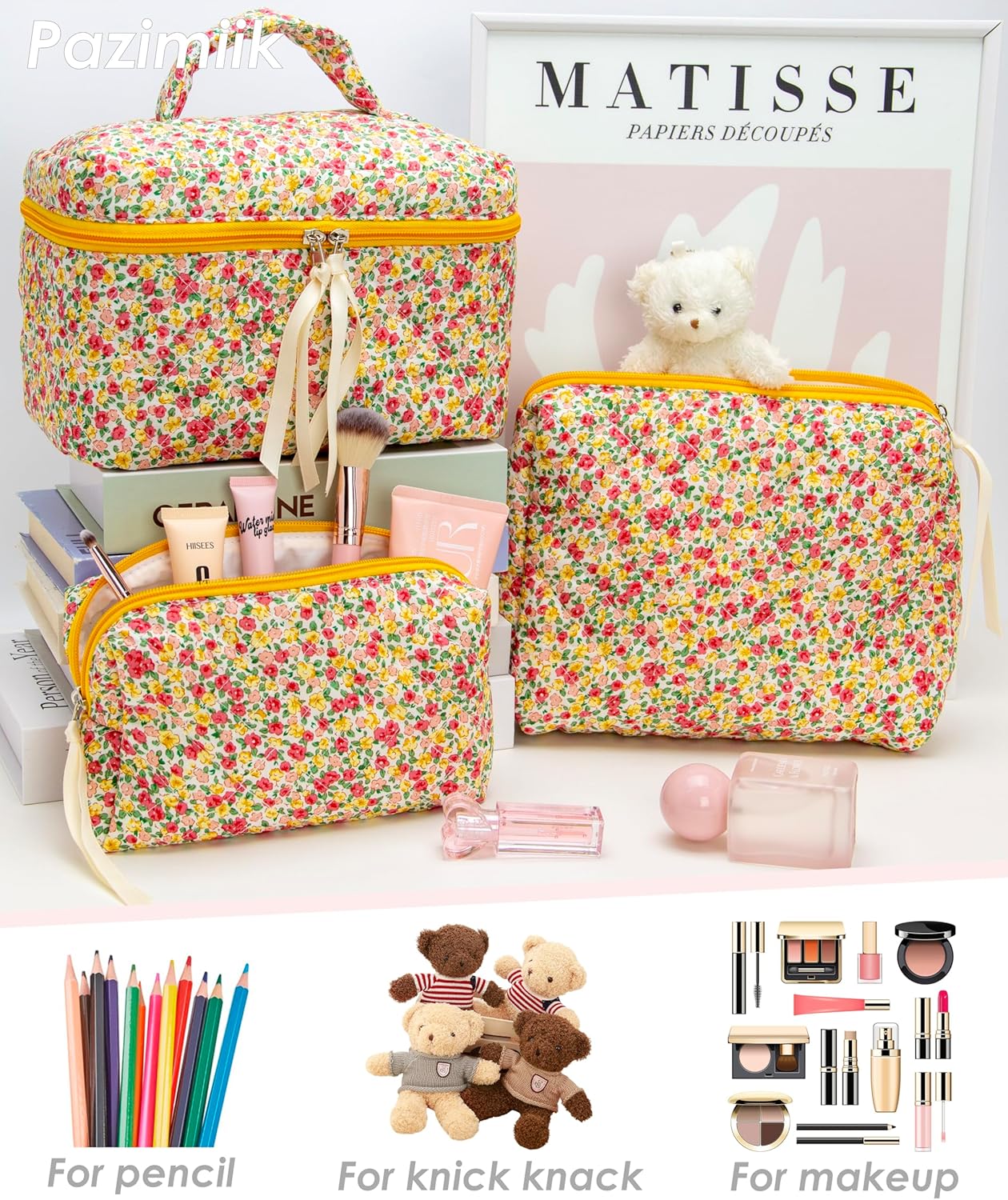 PAZIMIIK 3PCS Makeup Bag SET Large Travel Quilted Zipper Soft Cosmetic Case Pouch for Women Girls Make Up,Little Flower