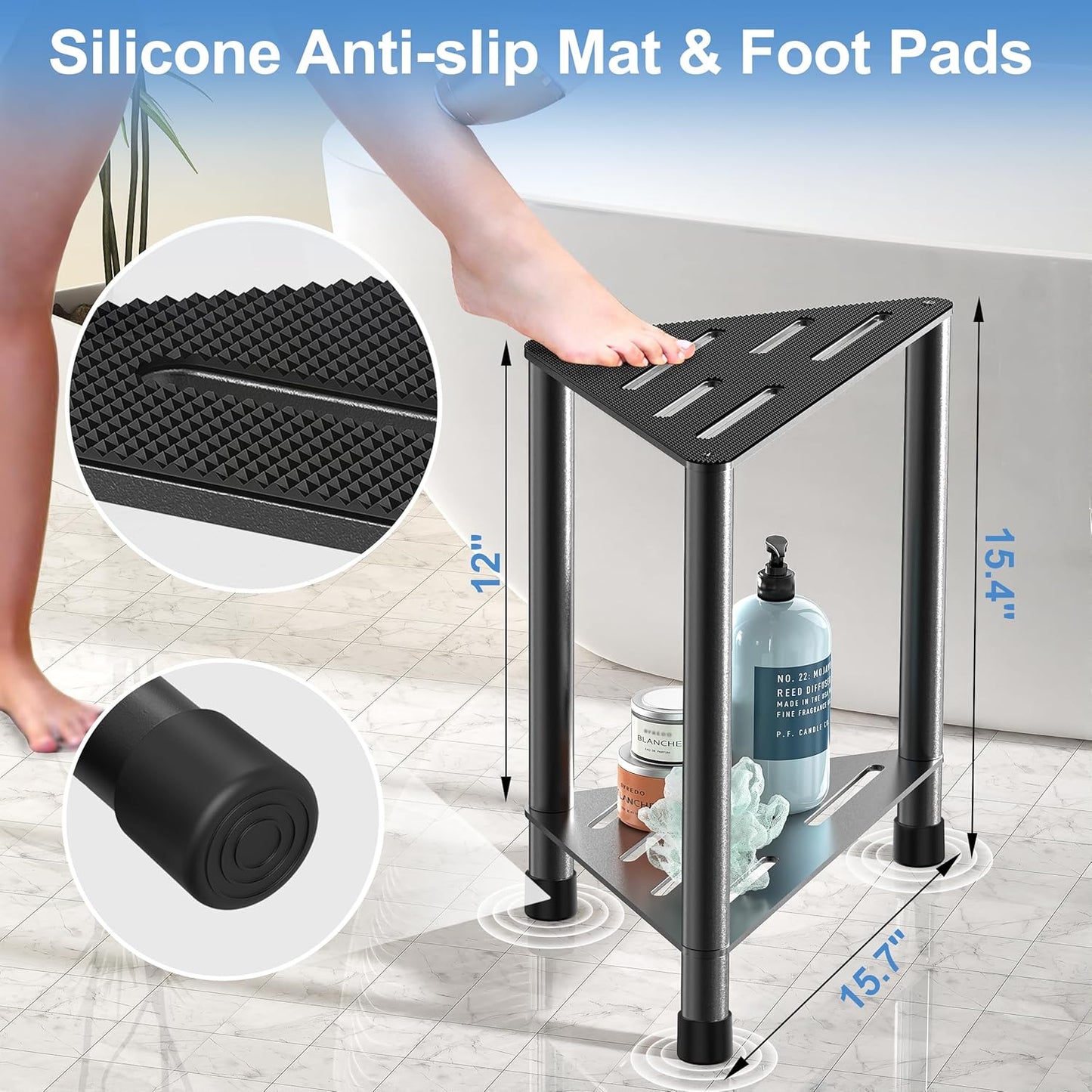 Stainless Steel Large Shower Stool for Inside Shower, 15.4'' H Shower Foot Rest, Corner Shower Stool with Storage Shelf, Shower Step for Shaving Legs, Bathroom Corner Shower Bench, Black