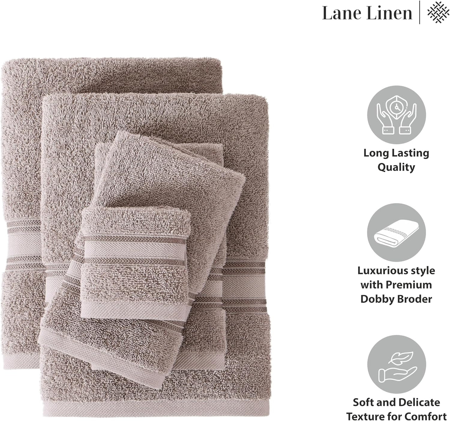 LANE LINEN Luxury Bath Towel Set - 6 Piece Set, 100% Cotton Bathroom Towel, Zero Twist, Shower Towel, Extra Absorbent, Super Soft, 2 Bath, 2 Hand, 2 Wash Cloths - Platinum