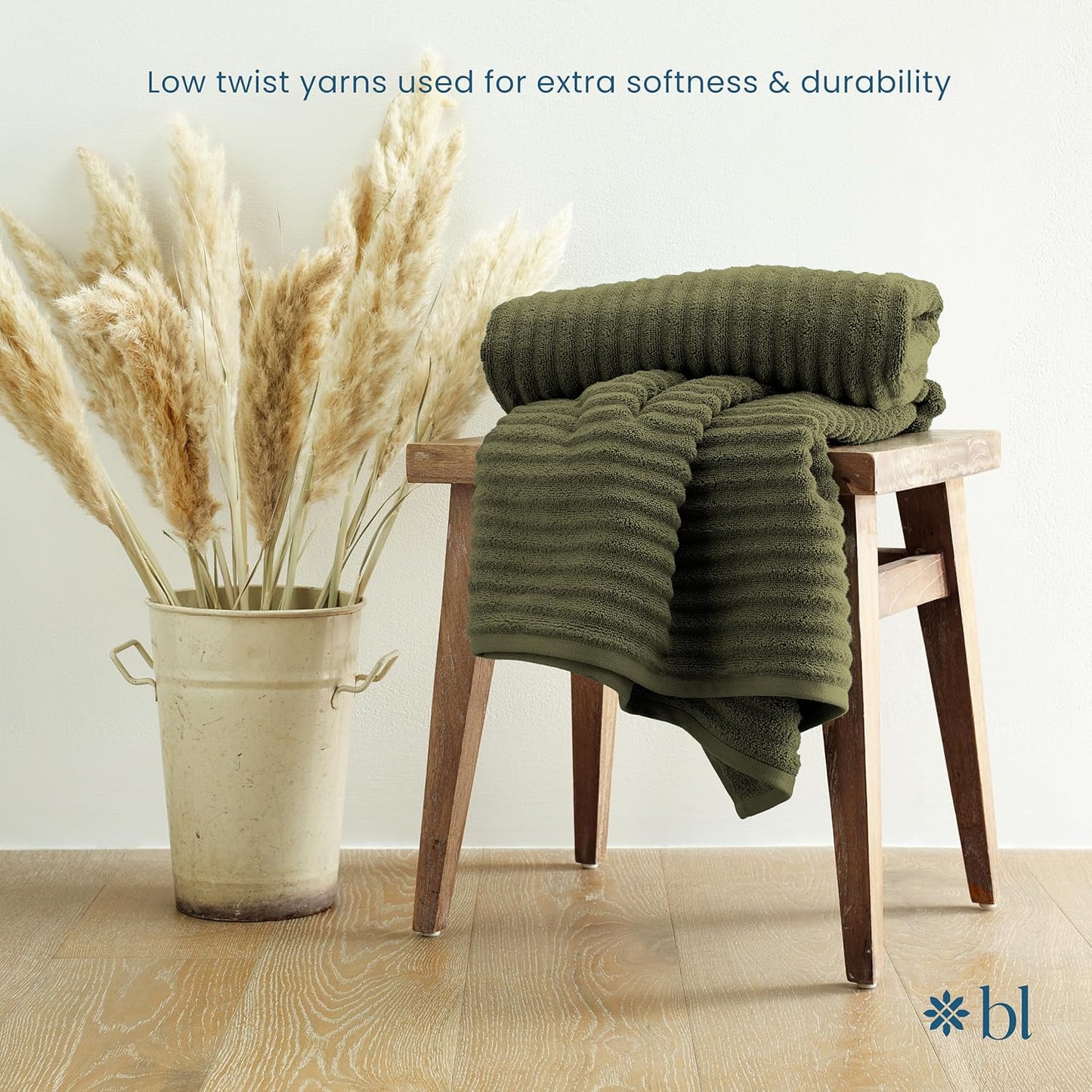 Blue Loom Ribbed Hand 2 Towels Set, 100% Cotton 600GSM, Soft Absorbent Durable Quick Drying for Bathroom - Mason 2 Piece 18" x 30" - Moss