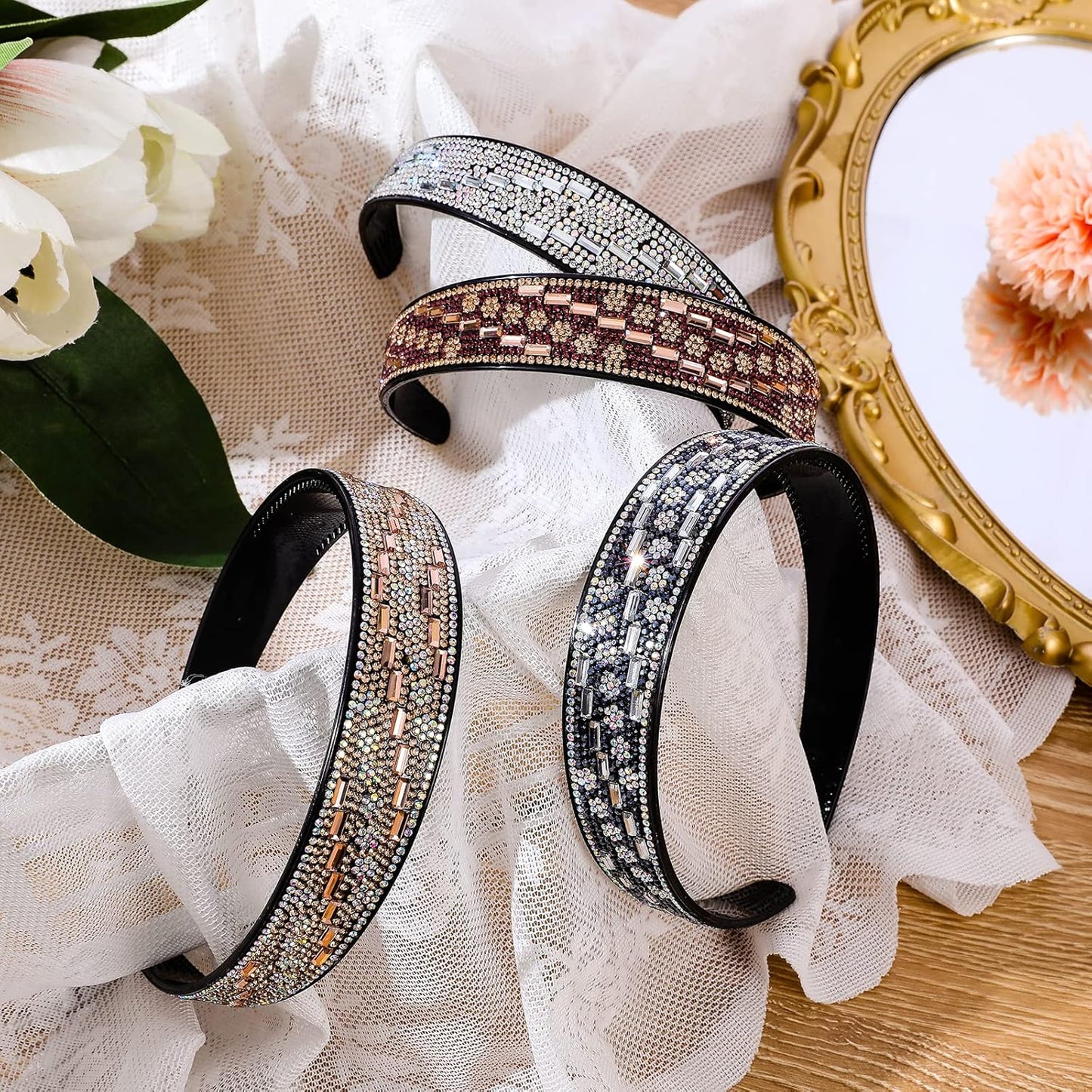 Rhinestone Headbands for Women Sparkly,4PCS Crystal Headband Non Slip Tooth Hair Bands Rhinestone Hair Hoop,Comfortable Daily Prom Party Head Accessories