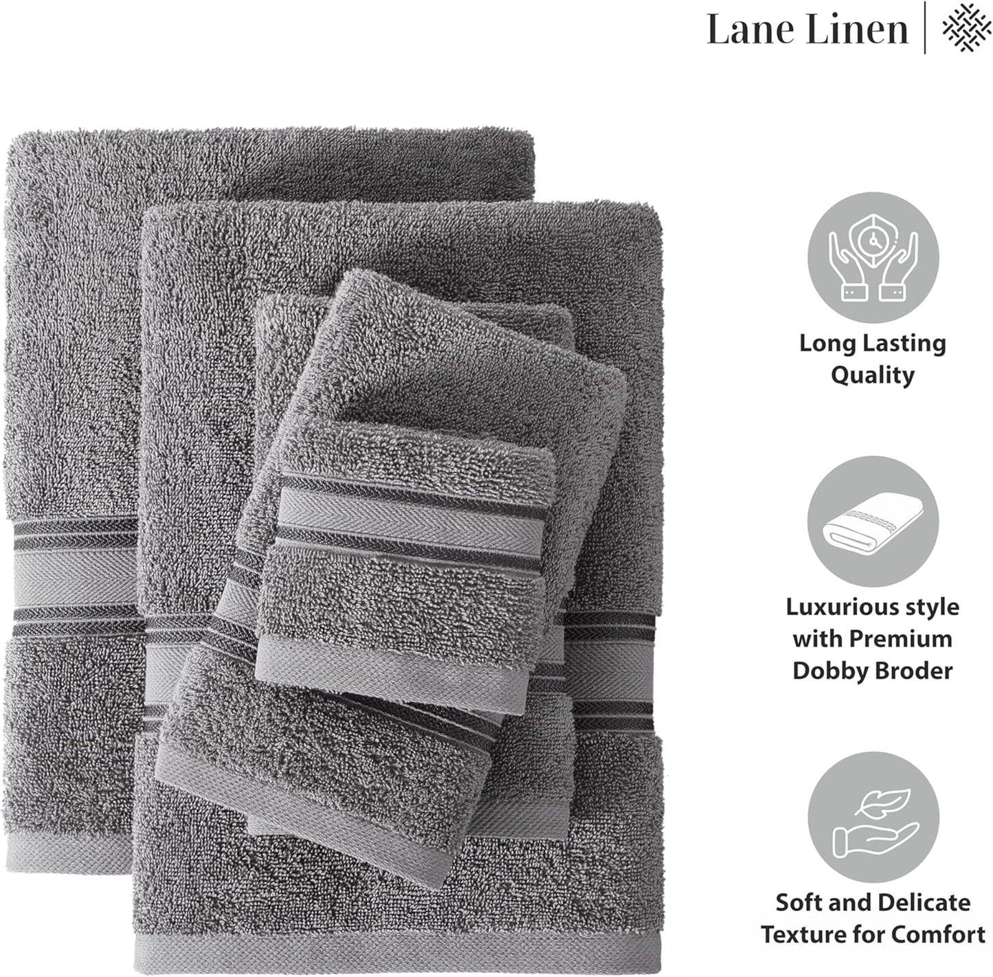 LANE LINEN Luxury Bath Towels Set - 12 Piece, 100% Cotton, Zero Twist, Super Soft & Absorbent, Includes 4 Bath Towels, 4 Hand Towels, 4 Washcloths - Cool Grey