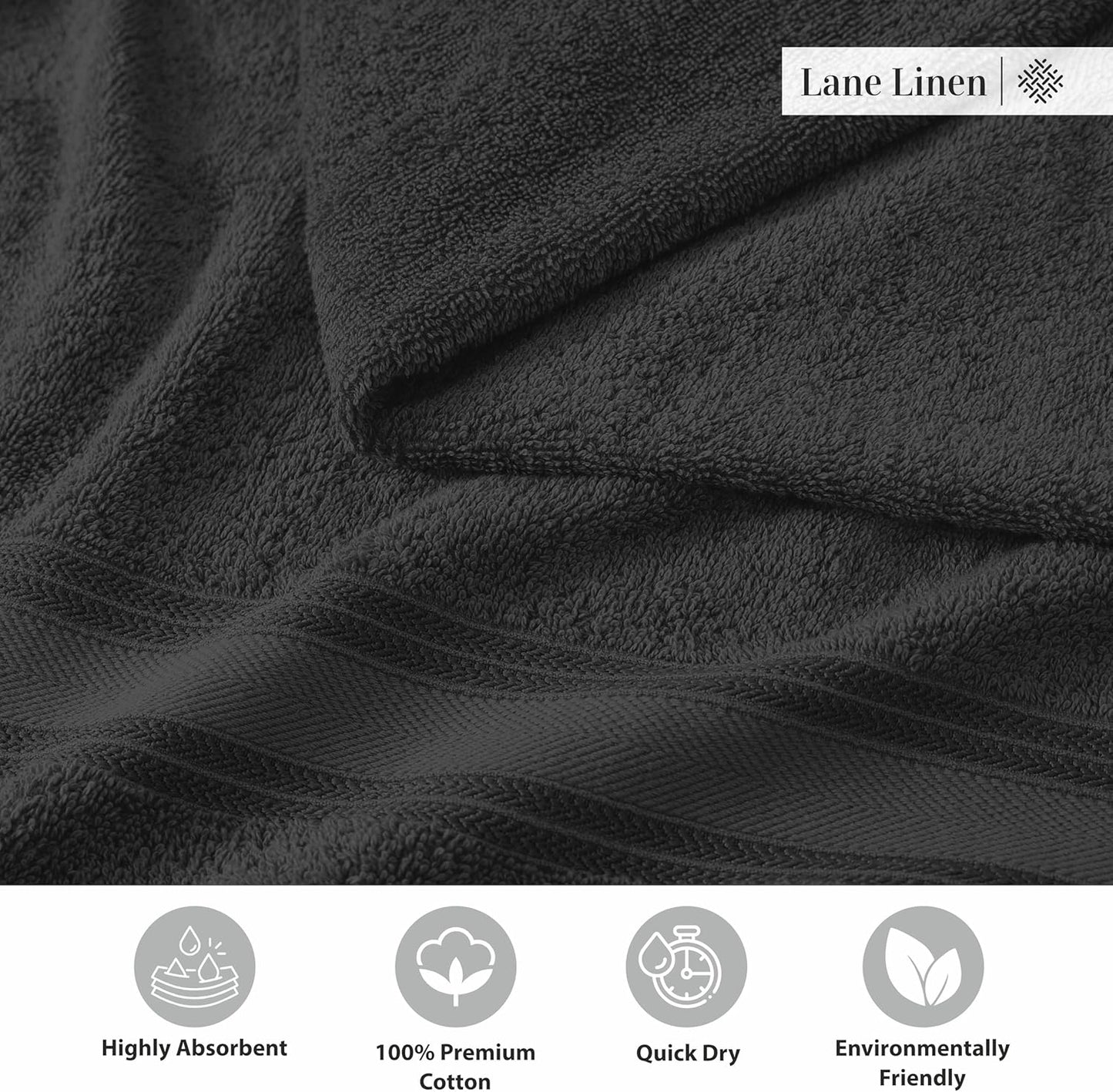 LANE LINEN Large Cotton Bath Sheets, Extra Large Quick Dry Towels, Zero Twist, 4 Piece Set, Super Soft, Highly Absorbent, Black