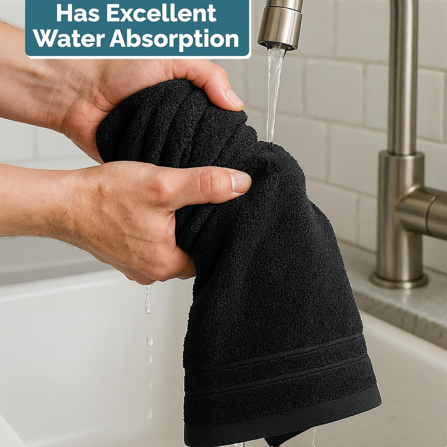 Casa Platino 6 Pack Hand Towels for Bathroom (16"x28") - Spa & Hotel Quality - 100% Cotton, Ring Spun - Quick Dry, Ultra Soft & Absorbent Black Hand Towels Set of 6 - Perfect for Everyday Use - Black