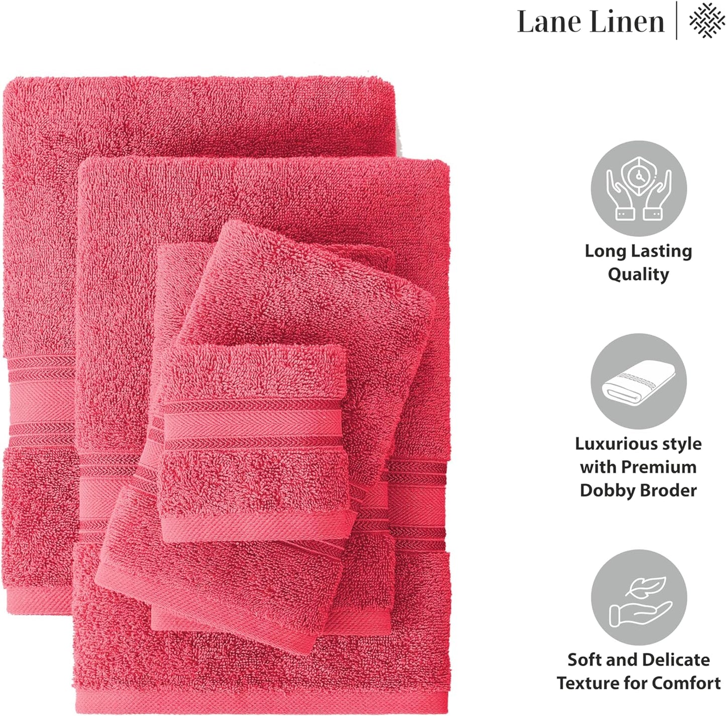 LANE LINEN Luxury 6-Piece Bath Towel Set - 100% Cotton, Quick-Dry, Super Absorbent, Zero Twist - Includes 2 Bath Towels, 2 Hand Towels, 2 Washcloths - Honeysuckle