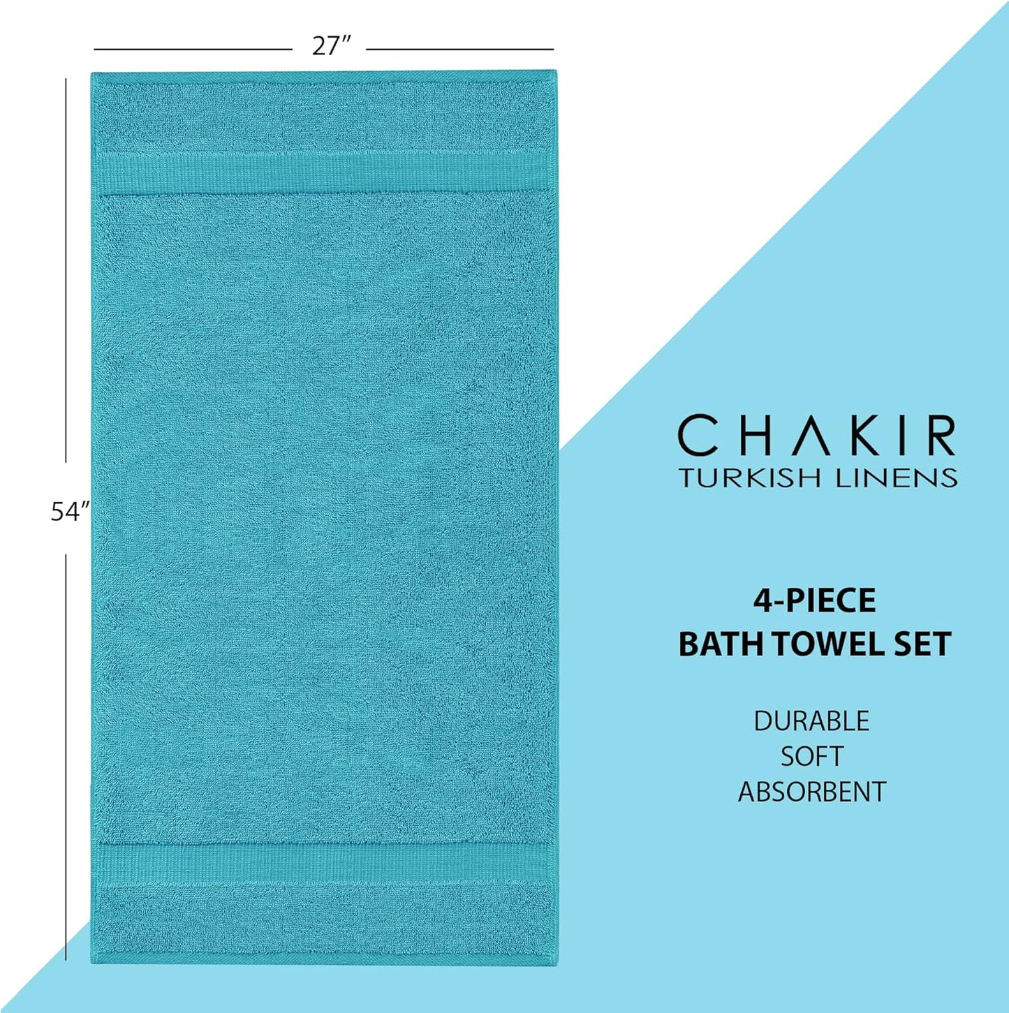 Chakir Turkish Linens | Hotel & Spa Quality 100% Cotton Premium Turkish Towels | Soft & Absorbent (4-Piece Bath Towels, Aqua)