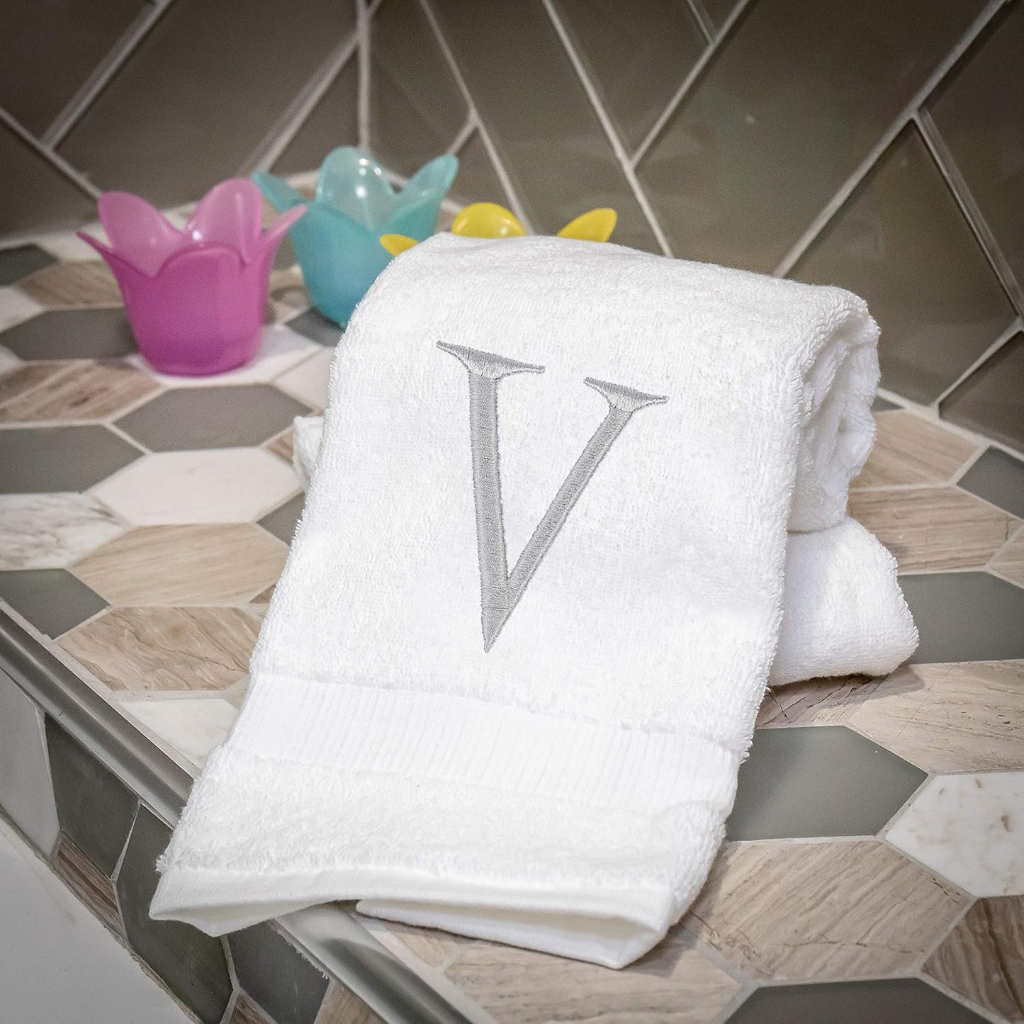 Monogrammed Hand Towels for Bathroom - Luxury Hotel Quality Personalized Initial Decorative Embroidered Bath Towel for Powder Room, Spa - GOTS Organic Certified - Set of 2 Letter V