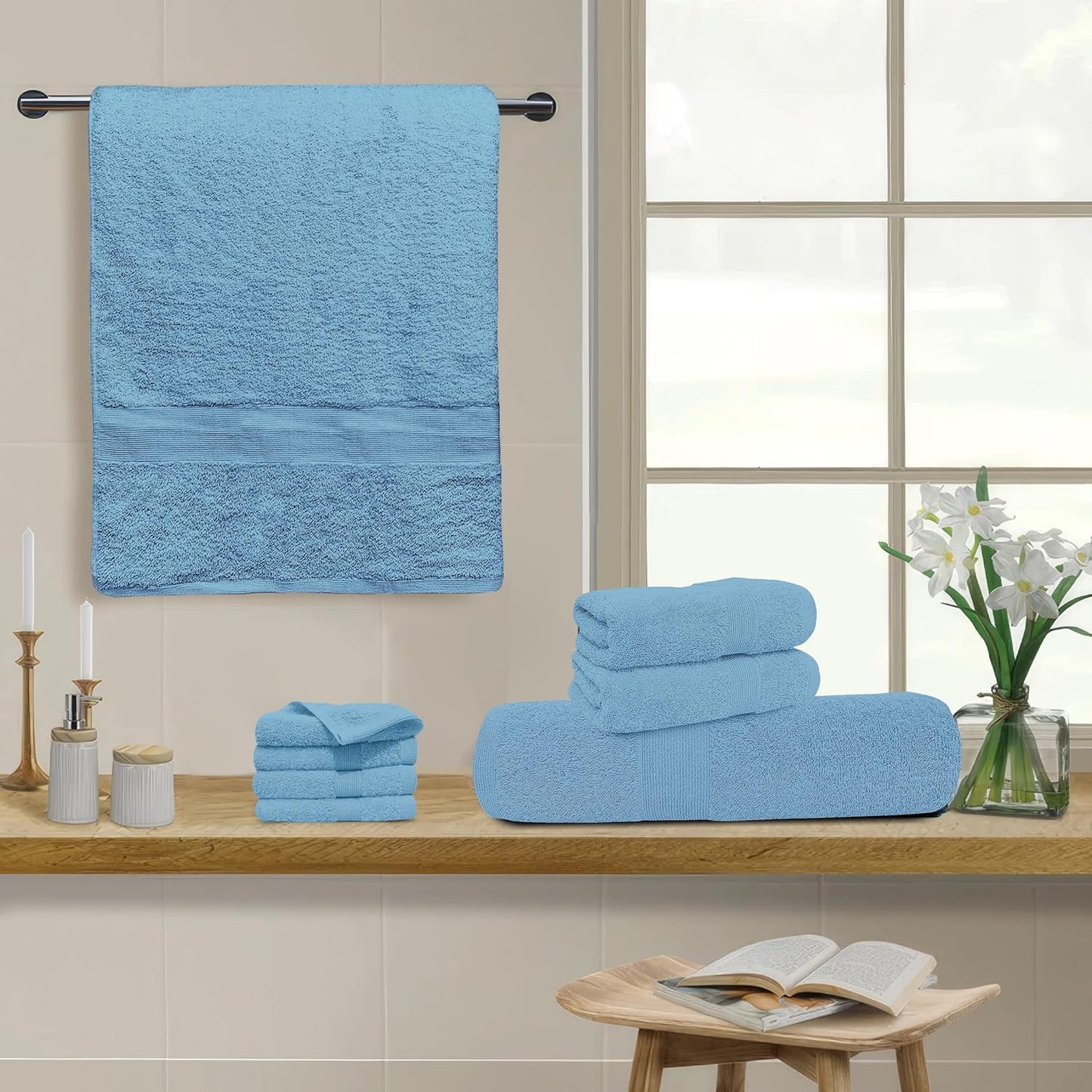 Luxury 8 Piece Towel Set, 2 Bath Towels 2 Hand Towels 4 Washcloths, Towels for Bathroom, Home, Spa & Gym - Highly Absorbent Ultra Soft Quick-Dry (Sky Blue)