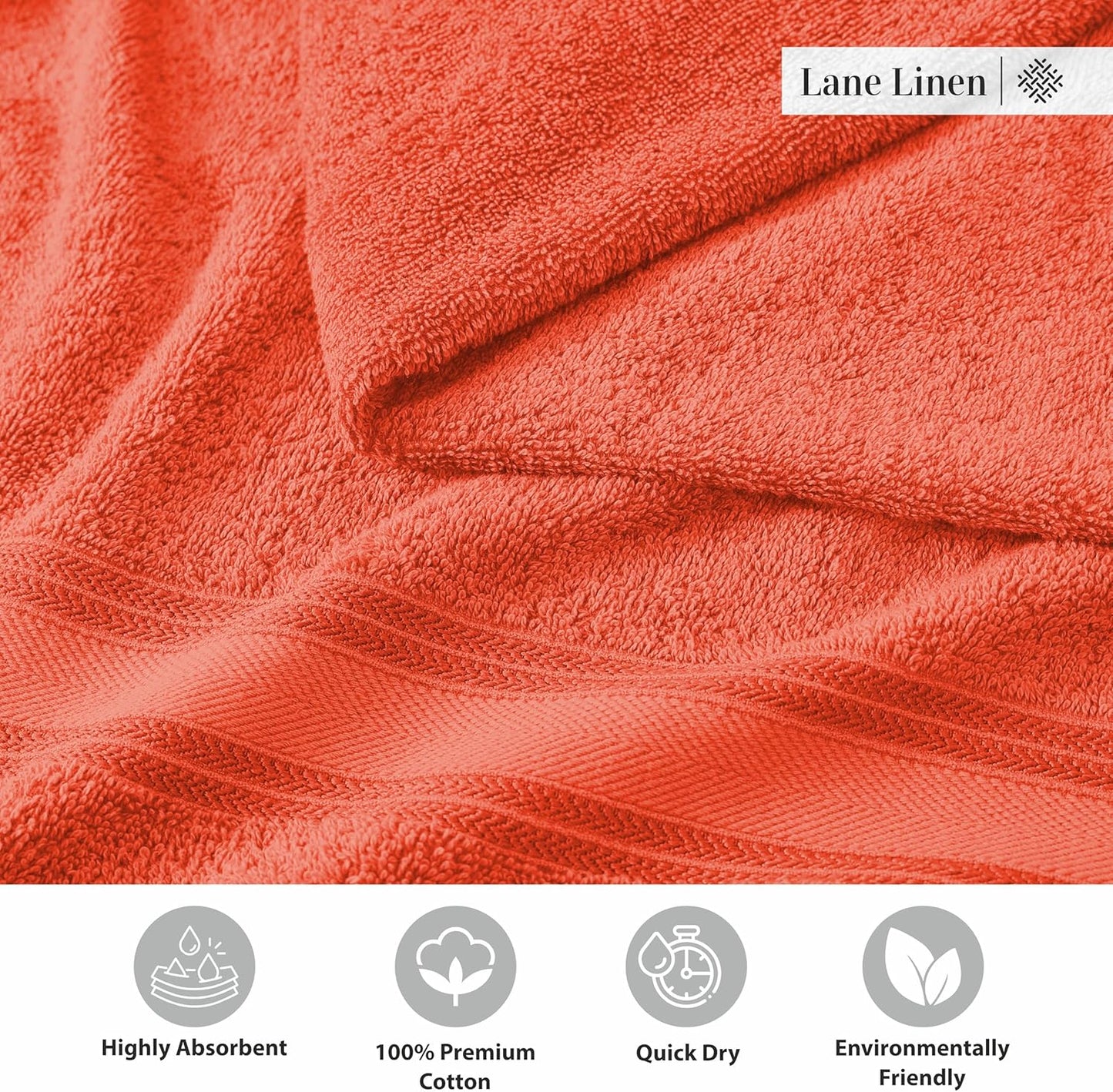 LANE LINEN 100% Cotton Zero Twist, Bath Towels (30"x60") - 4 Pieces - Large Towels for Bathroom - Quick Drying, Soft & Absorbent Large Shower Towel Set - Used in Gym, Hotel, Spa, Home - Living Coral