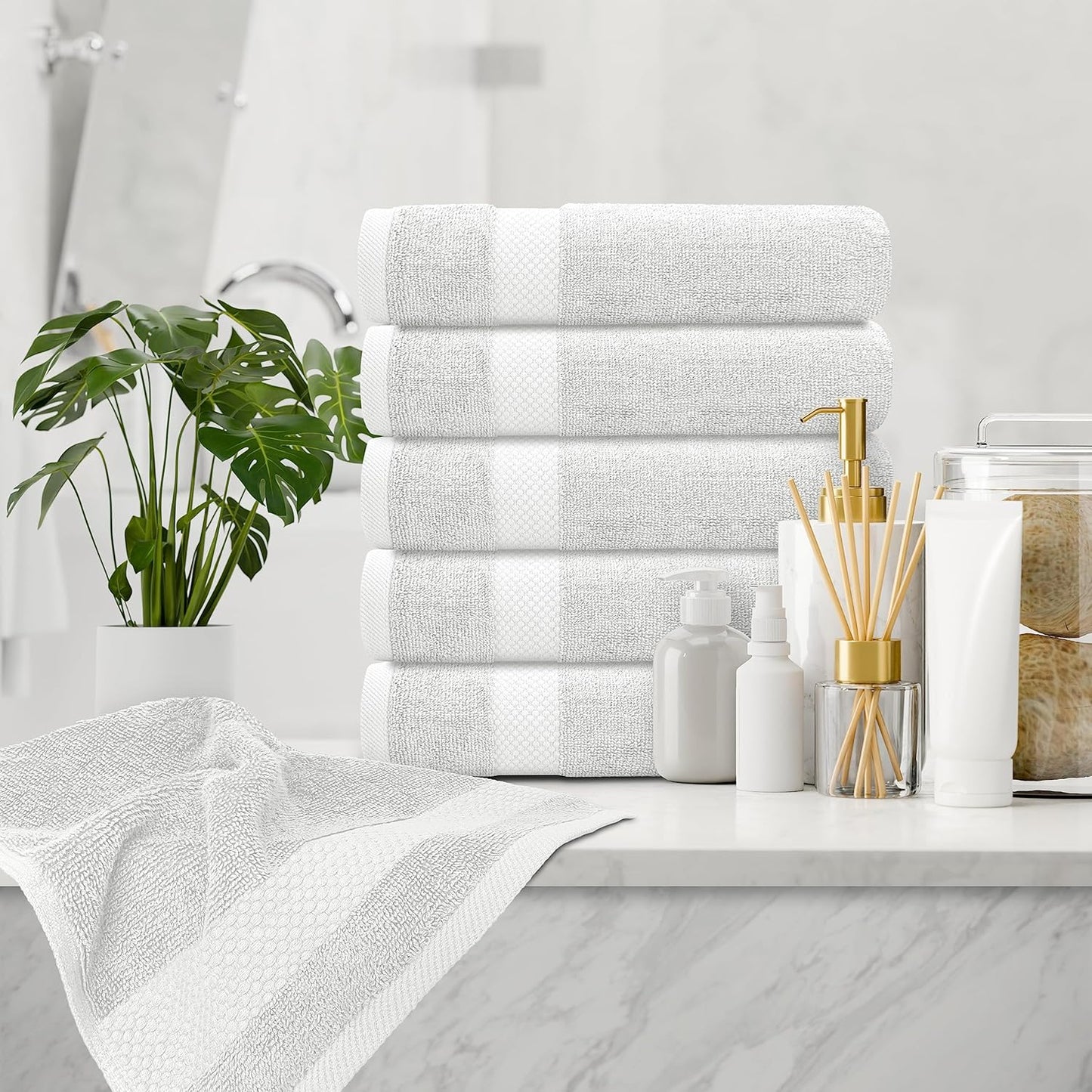 White Classic Luxury Silver Hand Towels - Soft 100% Turkish Cotton | Highly Absorbent Hotel spa Bathroom Towel Collection | 16x30 Inch | Set of 6