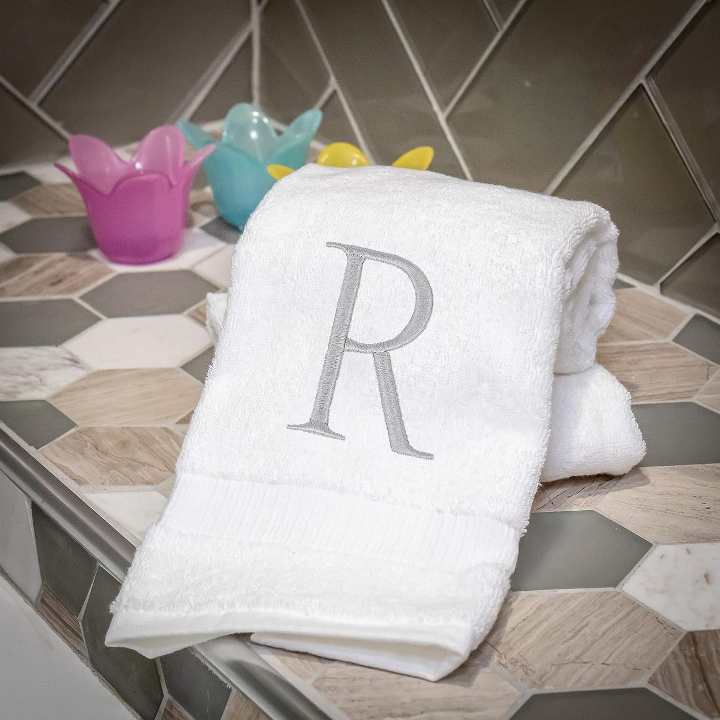 Monogrammed Hand Towels for Bathroom - Luxury Hotel Quality Personalized Initial Decorative Embroidered Bath Towel for Powder Room, Spa - GOTS Organic Certified - Set of 2 Letter R