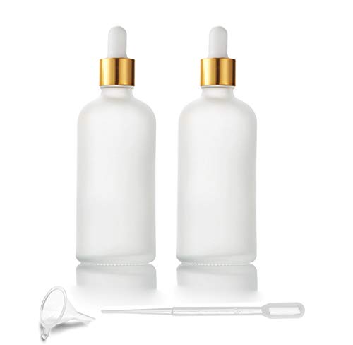 Dropper Bottles, 2 Pack 100ml/3.4oz, Frosted Glass with Glass Dropper, Golden Caps Travel Perfume Cosmetic Containers - Pipette and Funnel Included