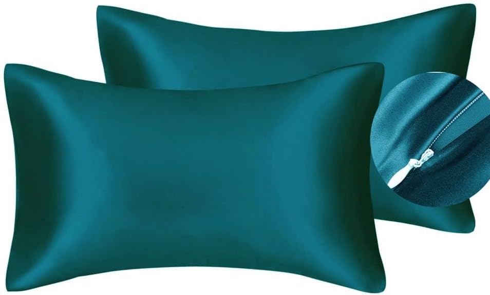 JUWENIN,Luxury Satin Pillowcase with Zipper (Silky Satin Pillow Case for Hair) Set of 2 (Standard, Teal)