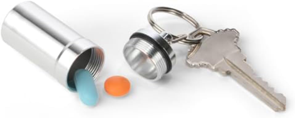 EZY DOSE Keychain Pill Box and Medicine, Vitamin Container, Safe for Money & Travel Items, Metal Canister, Medium Compartments, Various, BPA Free