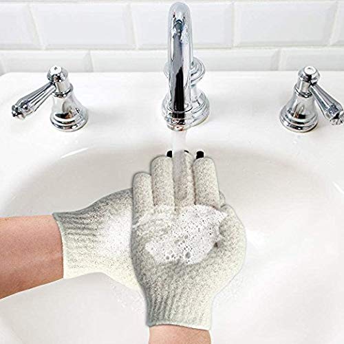 Evridwear Exfoliating Dual Texture Bath Gloves for Shower, Spa, Massage and Body Scrubs, Dead Skin Cell Remover, Gloves with Hanging Loop (2 Pairs Light)