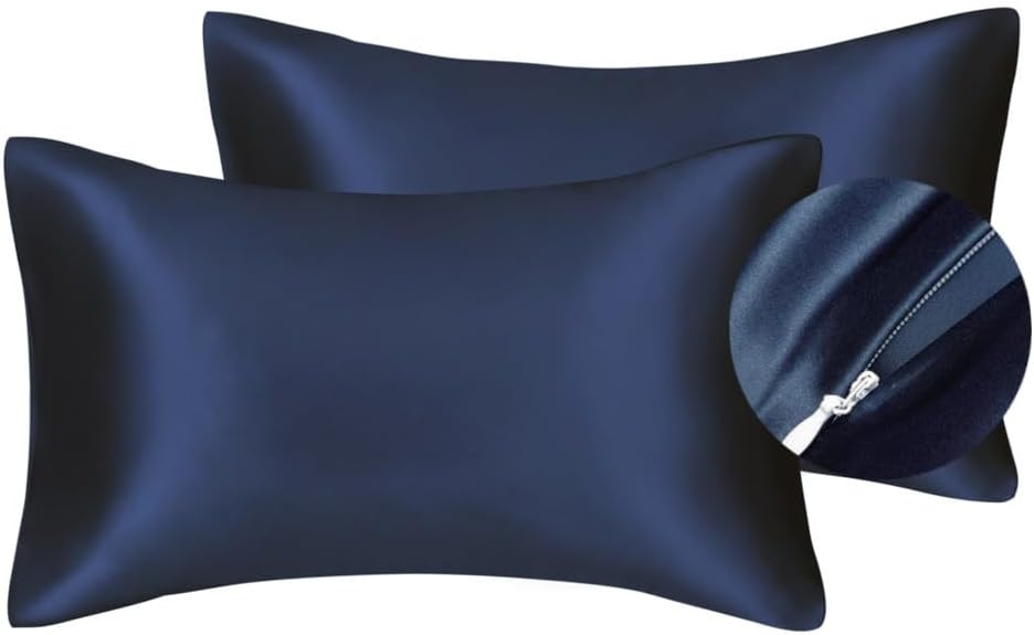 Juwenin Bedding,Luxury Satin Pillowcase with Zipper (Silky Satin Pillow Case for Hair) Set of 2 (NavyBlue, King(20''x36'))