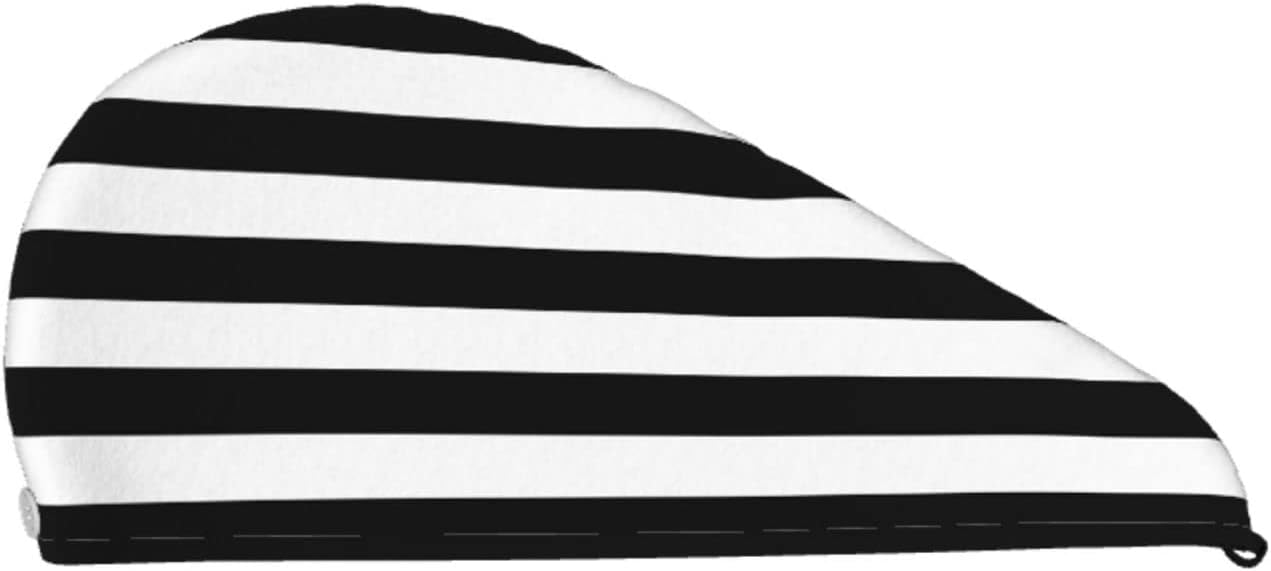 Black and White Stripe Hair Towel Wrap Microfiber Fast Drying Hair Turban with Buttons for Women Men Drying Curly, Long & Thick Hair