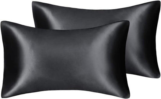 Juwenin Bedding,Super Soft and Luxury Silky Satin Pillowcase (Silky Satin Pillow Case for Hair) Set of 2 (Black, King (20'x40'))
