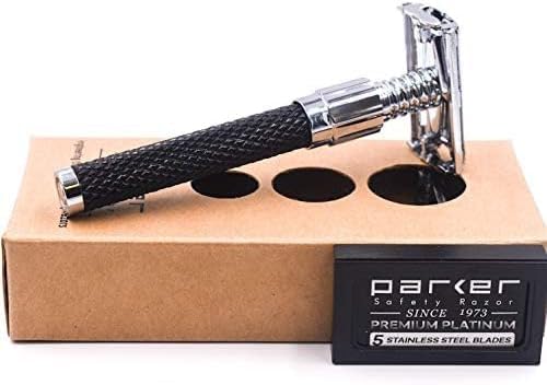 Parker 92R Graphite Gray, Long Handle Heavyweight Butterfly Open Double Edge Safety Razor for Men, 5 Parker Premium Platinum Double Edge Razor Blades Included