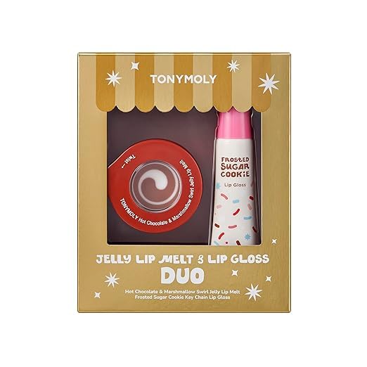 TONYMOLY Jelly Lip Melt + Lip Gloss Key Chain Duo, Limited Edition Holiday Set – Hydrating Lip Balm & Gloss with Hot Chocolate Marshmallow Swirl + Frosted Sugar Cookie, Stocking Stuffer Gift