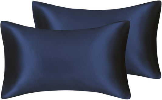 JUWENIN,Luxury Satin Pillowcase with Zipper (Silky Satin Pillow Case for Hair) Set of 2 (Standard, Navy)