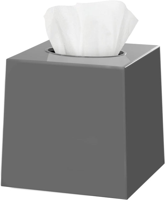 DWËLLZA Home Gray Tissue Box Cover Square - Plastic Facial Tissue Box Holder Vessel Dispenser - Decorative Cube Tissue Holder for Bathroom, Vanity Countertop, Dresser, Bedroom, Office Grey Decor