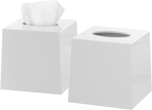 White Tissue Box Cover Square - Set of 2 Facial Cube Tissue Box Holder Case Dispenser for Bathroom Vanity Countertop, Bedroom Dresser, Office Desk or Night Stand Table