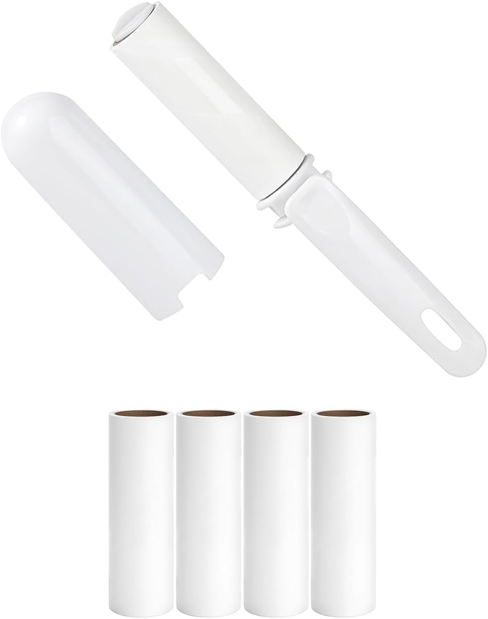 Mini Lint Roller for Travel Refillable On The Go Lint Roller with Cap and 4 Refills Total 150 Extra Sticky Sheets for Pet Hair Lint Remover with Cover for Purse Bag Car (White)