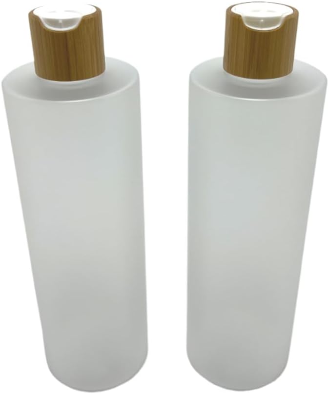 Empty Cosmetic Bottles 16oz/500ml 2 PACK With Bamboo Disc Top Flip Cap for Shampoo Lotion Liquid Soap,Cream,Refilable Plastic Squeeze Travel Size Toiletry Bottles