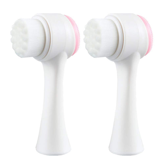 Double Sides Face Brushs, 3D Stand Vertical Silicone Facial Wash Brush, 2 in 1 Facial Cleansing Brush Manual Dual-Action Face Brush for Sensitive, Delicate, Dry Skins (2Pack/Pink)