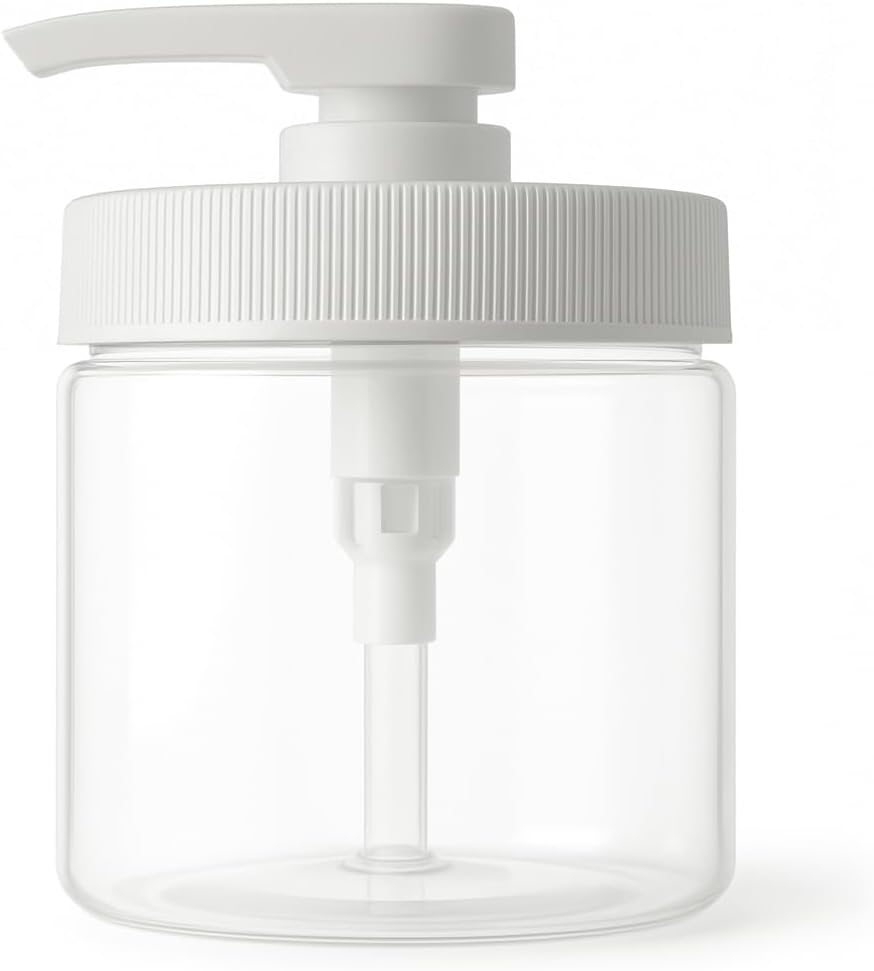 Royal Massage 16oz Refillable Pump Jar with Locking Dip Tube Dispenser – BPA-Free Plastic Container for Massage Oils, Lotions, Creams – Ribbed Lid Wide-Mouth Jar – Durable & Reusable (Clear/White, 1)