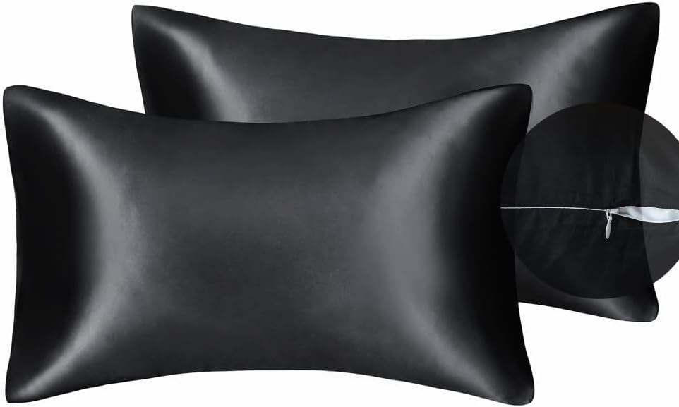 JUWENIN,Luxury Satin Pillowcase with Zipper (Silky Satin Pillow Case for Hair) Set of 2 (King, Black)