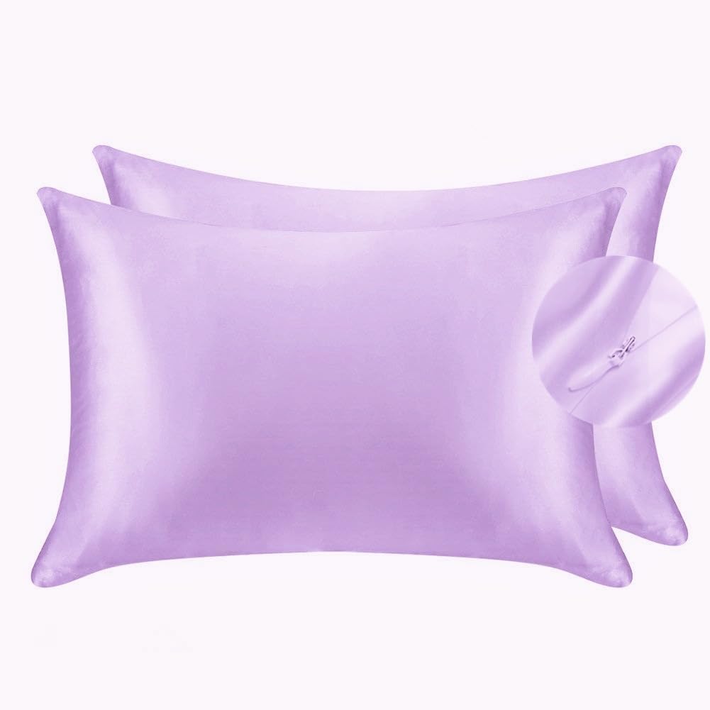 Juwenin Bedding,Luxury Satin Pillowcase with Zipper (Silky Satin Pillow Case for Hair) Set of 2 (Lavender, Standard(20''x26''))