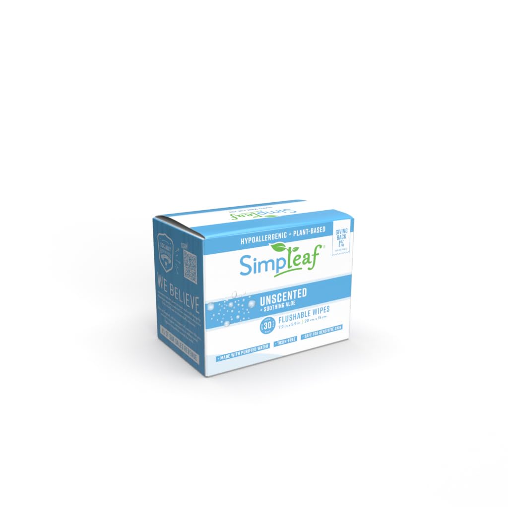 Simpleaf Flushable Unscented Single Pack Wet Wipes | Eco-Friendly Paraben & Alcohol Free | Hypoallergenic & Safe for Sensitive Skin | Soothing Aloe Vera Formula | (30 Single Pack Wipes)