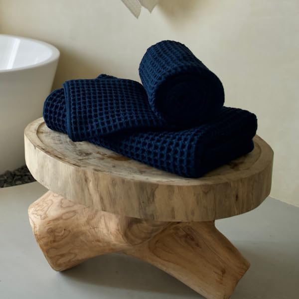 Luxury Japanese Cotton Waffle Bath Towel | Plush, Absorbent, and Quick Dry | Free Storage Bag Included (Ocean Blue, Bath Towel (Set of 2))
