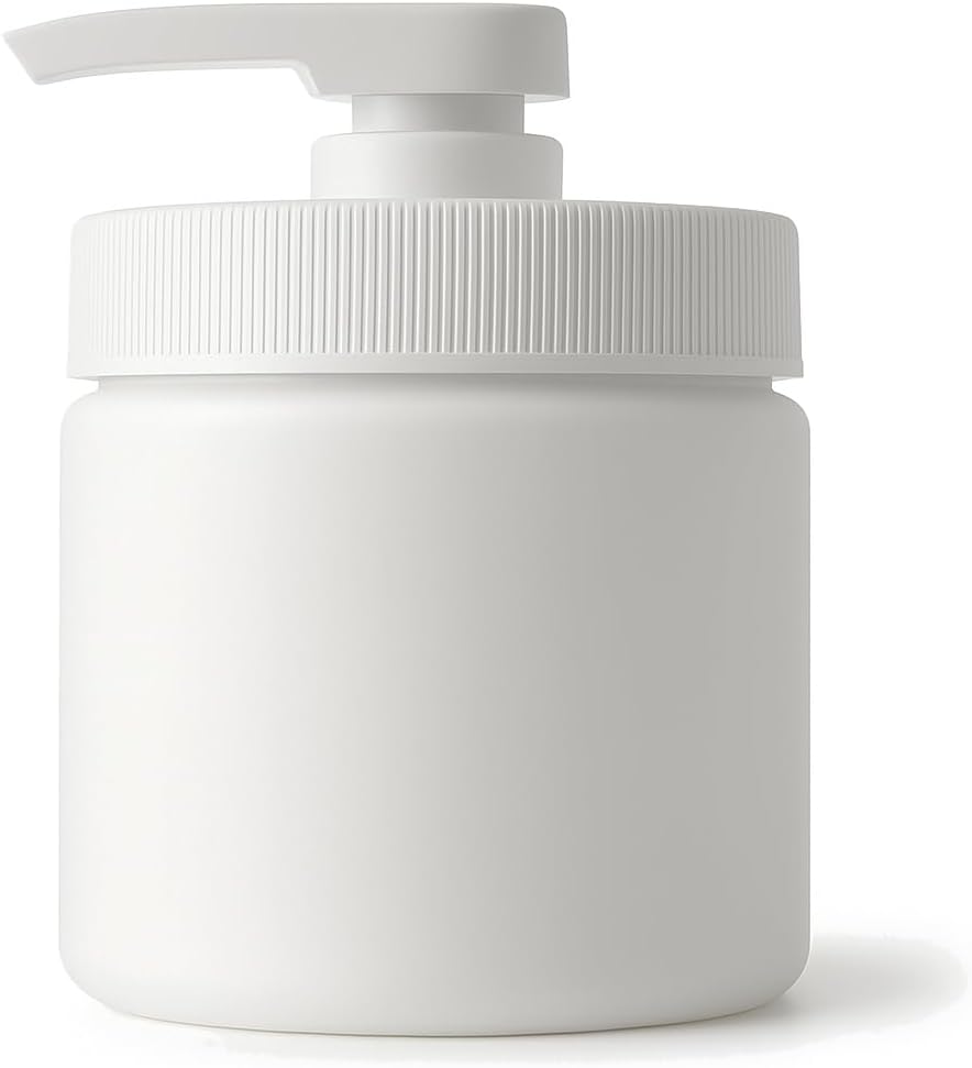 Royal Massage 16oz Refillable Pump Jar with Locking Dip Tube Dispenser – BPA-Free Plastic Container for Massage Oils, Lotions, Creams – Ribbed Lid Wide-Mouth Jar – Durable & Reusable (White/White, 1)