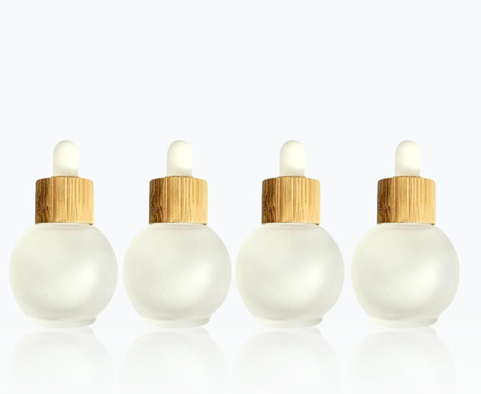Frosted Glass Dropper Bottles, 50ml Small Bulb Shape Essential Oil Dropper Bottle Perfume Dispenser Bottle with Dropper and Bamboo Lid for Essential Oils, Perfumes and Other DIY Liquids(4Pcs)