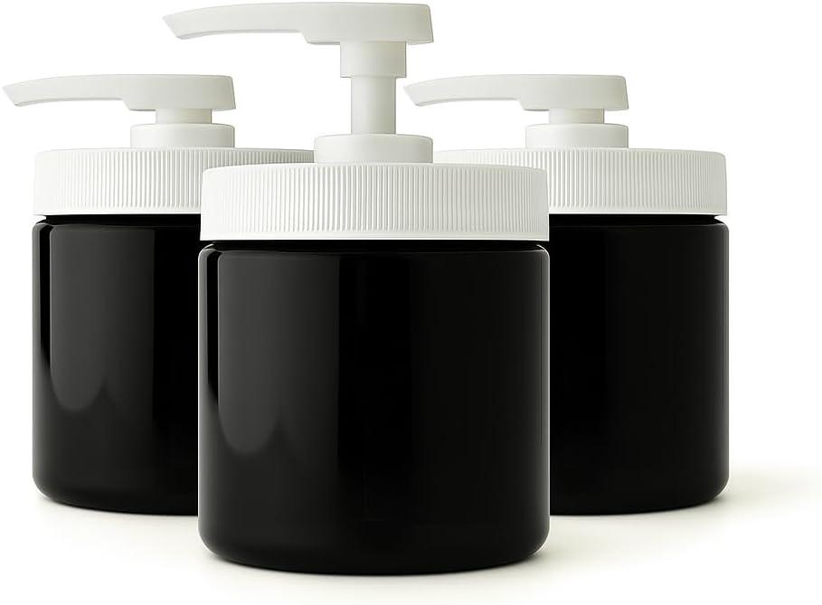 Royal Massage 16oz Refillable Pump Jar with Locking Dip Tube Dispenser – BPA-Free Plastic Container for Massage Oils, Lotions, Creams – Ribbed Lid Wide-Mouth Jar – Durable & Reusable (Black/White, 3)